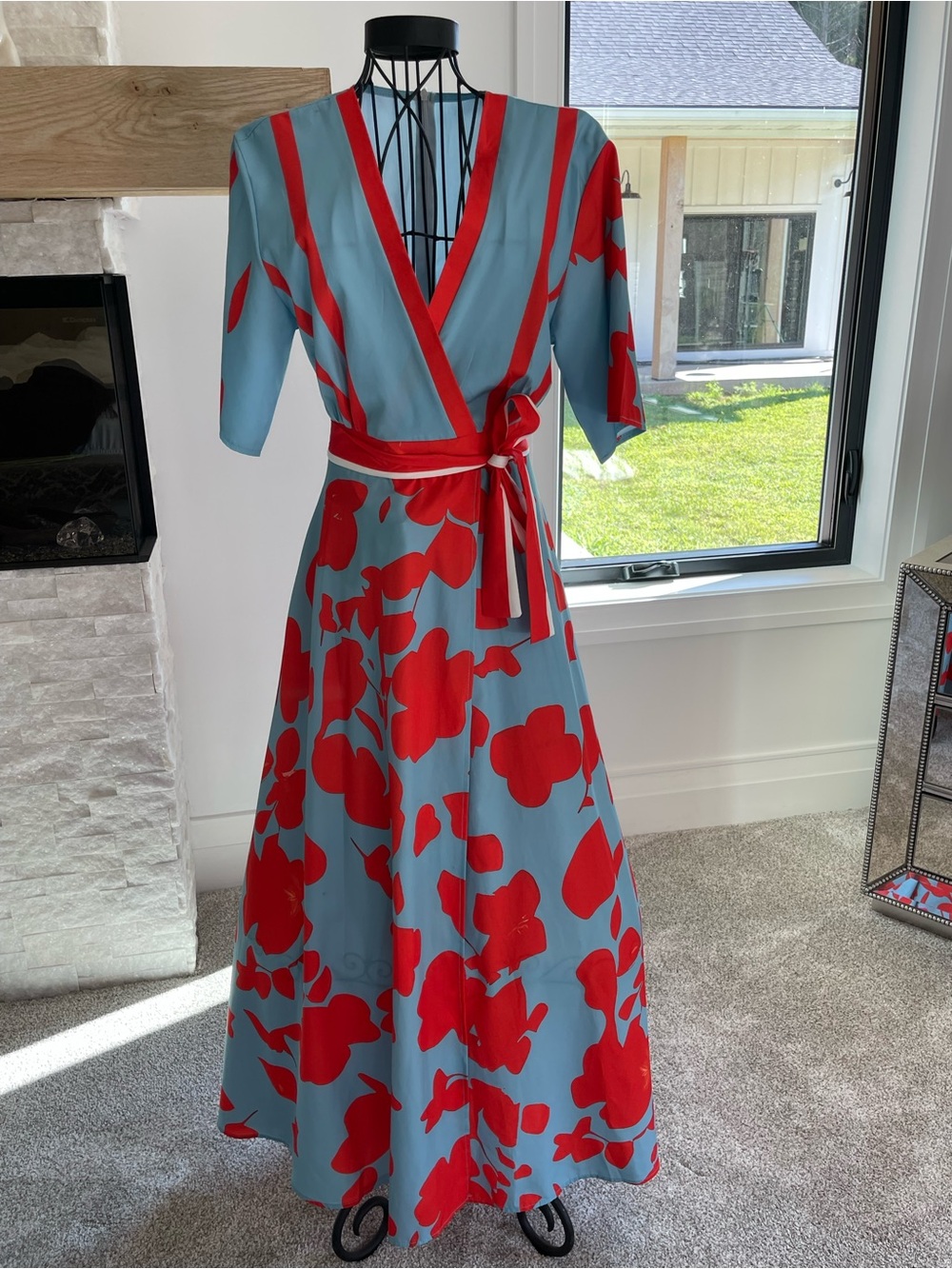 Wrap Maxi Dress in Light Blue with Red Floral Print - Picture 4 of 4